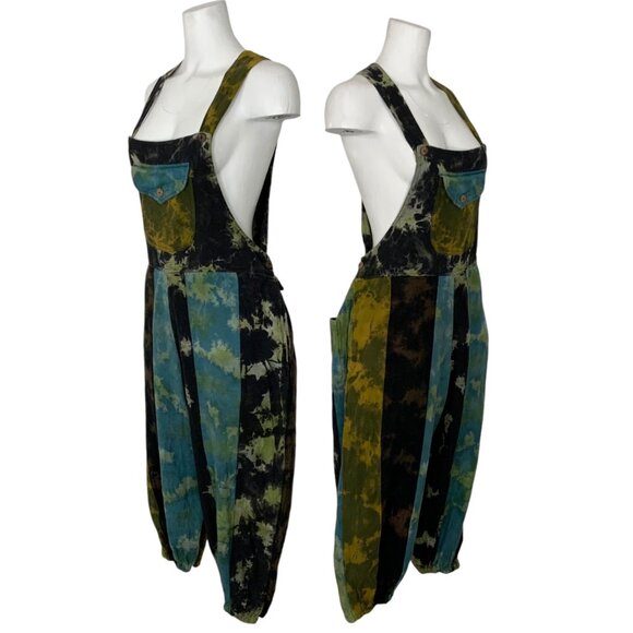 Patchwork Tie Dye Harem Overalls Jumpsuit L/XL Tie Back Pockets Bohemian - Picture 2 of 12